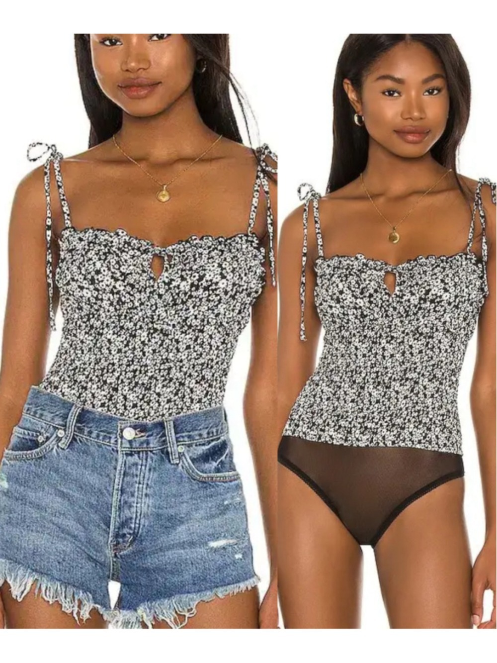 Free People Bardot Bodysuit Black White Smocked Women's Size Medium Adjustable